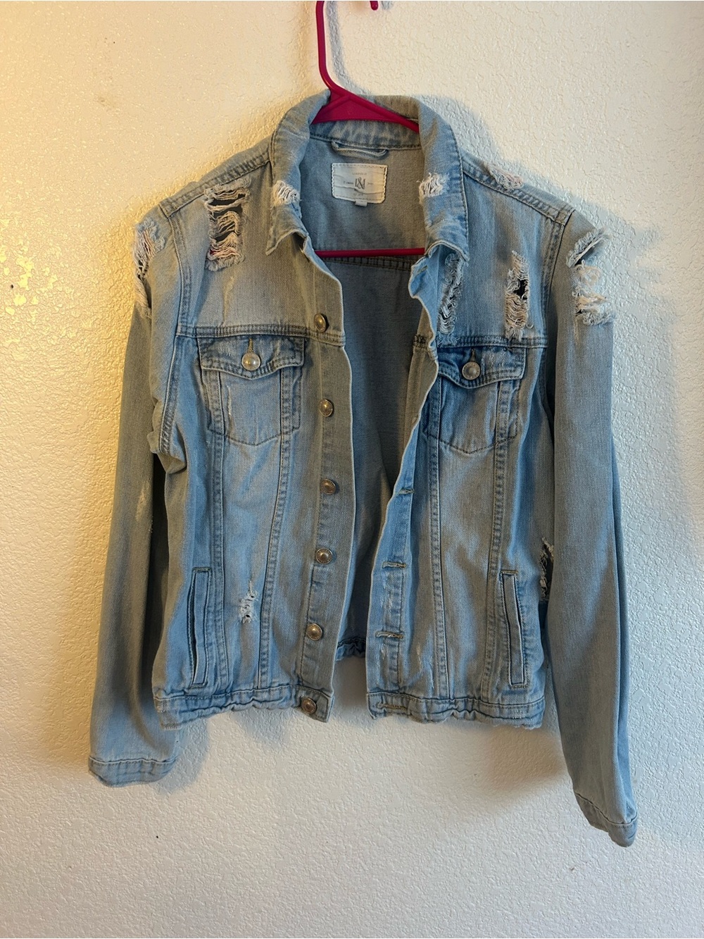 Women's Light Blue Distressed Denim Jacket - Casual Button-Front